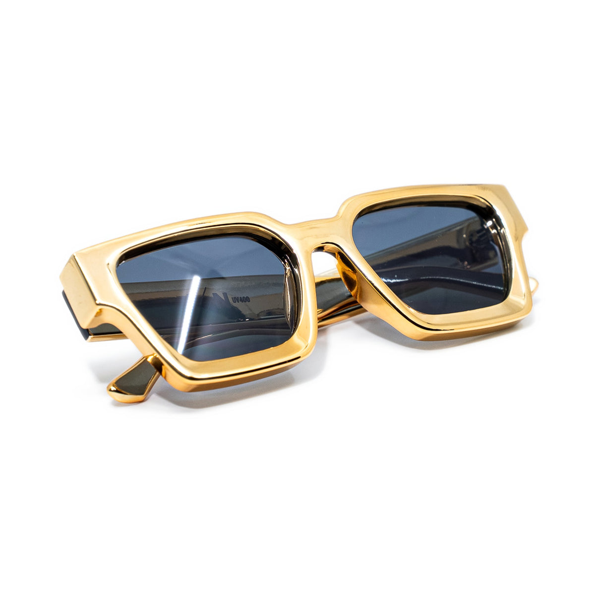 24K Gold sunglasses folded, mirror gold-tone finish with dark smoke lenses