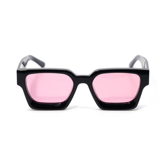 All Day Rosé square sunglasses front view, gloss black frame with rose pink polarized lenses