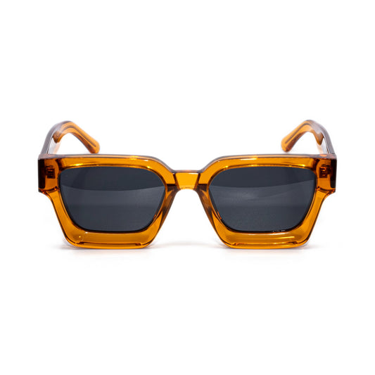 Citrus square sunglasses front view, high-gloss translucent orange acetate frame with dark smoke polarized lenses