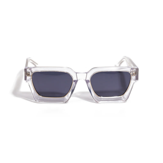 Crystal Clear & Gold square sunglasses front view, clear acetate frame with gold-lined rims and dark smoke polarized lenses