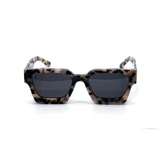 Granite square sunglasses front view, speckled stone-pattern frame with dark smoke polarized lenses