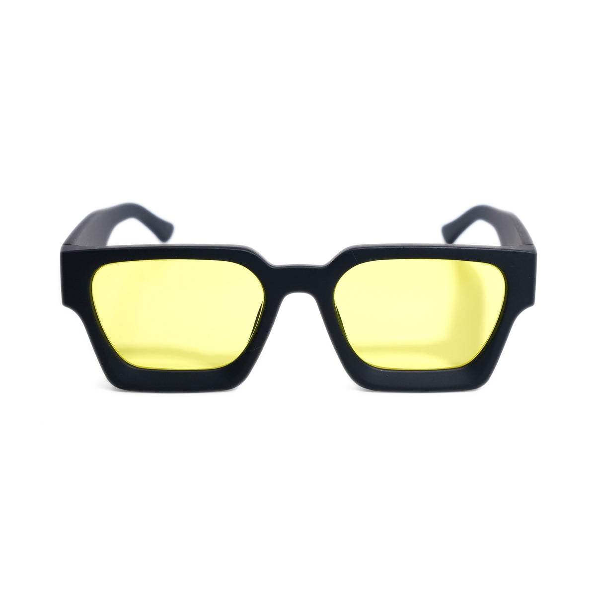 Matte Solar yellow lens blue light glasses front view, bold matte black square frame for midday screen use