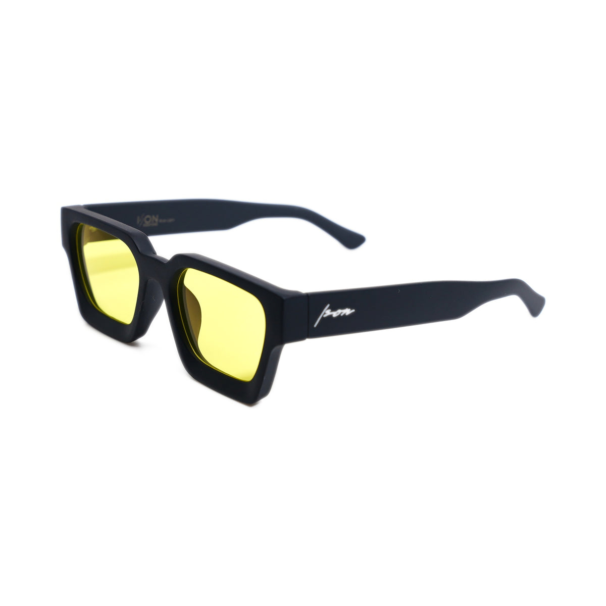 Ison Couture Matte Solar blue light blocking glasses, matte black square frame with yellow lens, three-quarter view