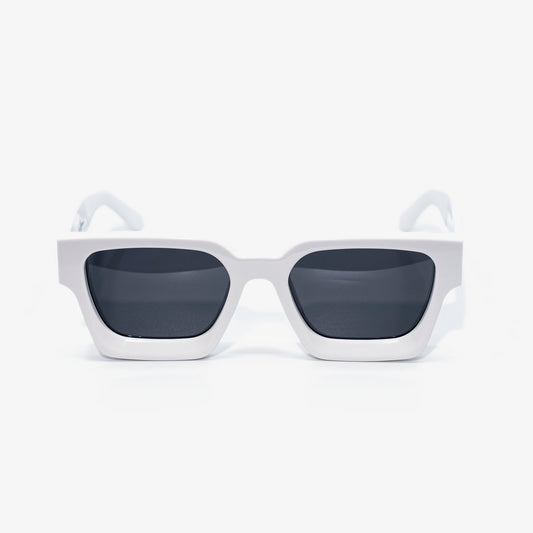 Polar White square sunglasses front view, crisp white acetate frame with dark smoke polarized lenses