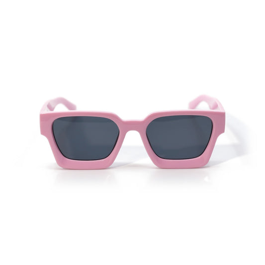 Soft Pink square sunglasses front view, matte powder pink frame with dark smoke lenses