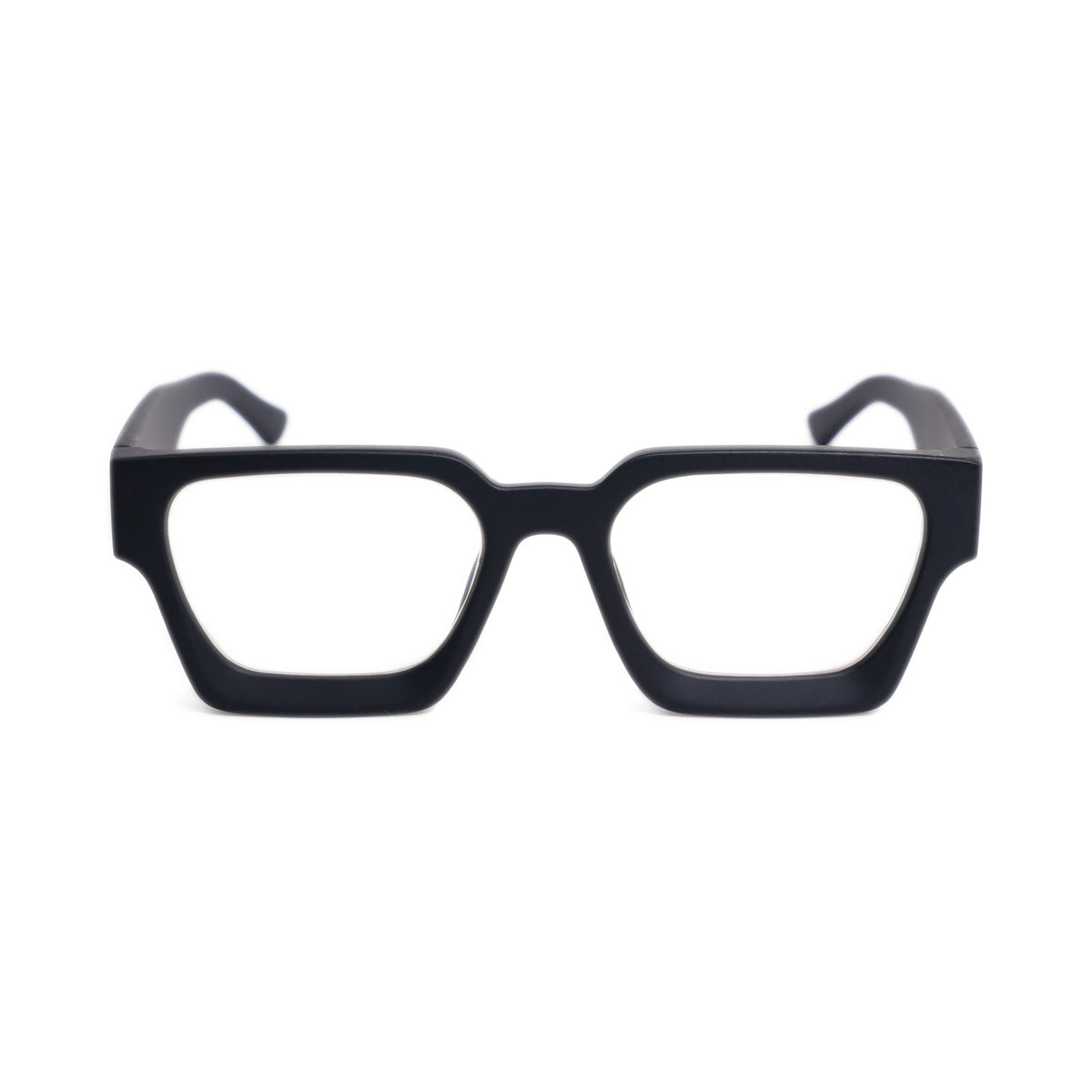 Urban Noir II blue light glasses front view, bold matte black square frame with near-clear H5MX lens
