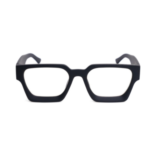 Urban Noir II blue light glasses front view, bold matte black square frame with near-clear H5MX lens