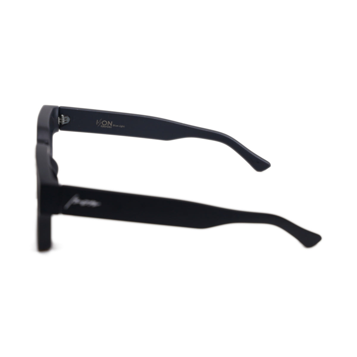 Urban Noir II side profile showing the Ison Couture signature and Blue Light marking on the matte black temple