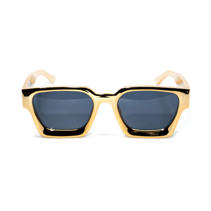 24K Gold square sunglasses front view, glossy gold-tone frame with dark smoke lenses