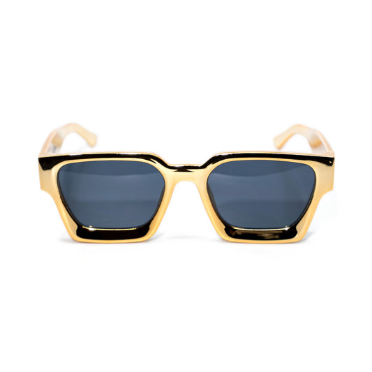 24K Gold square sunglasses front view, glossy gold-tone frame with dark smoke lenses