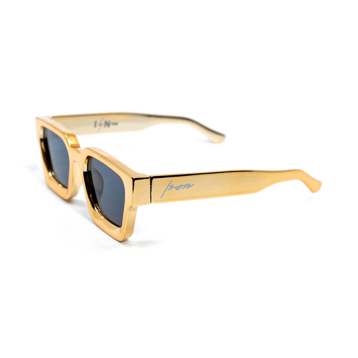 Ison Couture 24K Gold sunglasses, mirror-polished gold-tone square frame with dark smoke lenses, three-quarter view