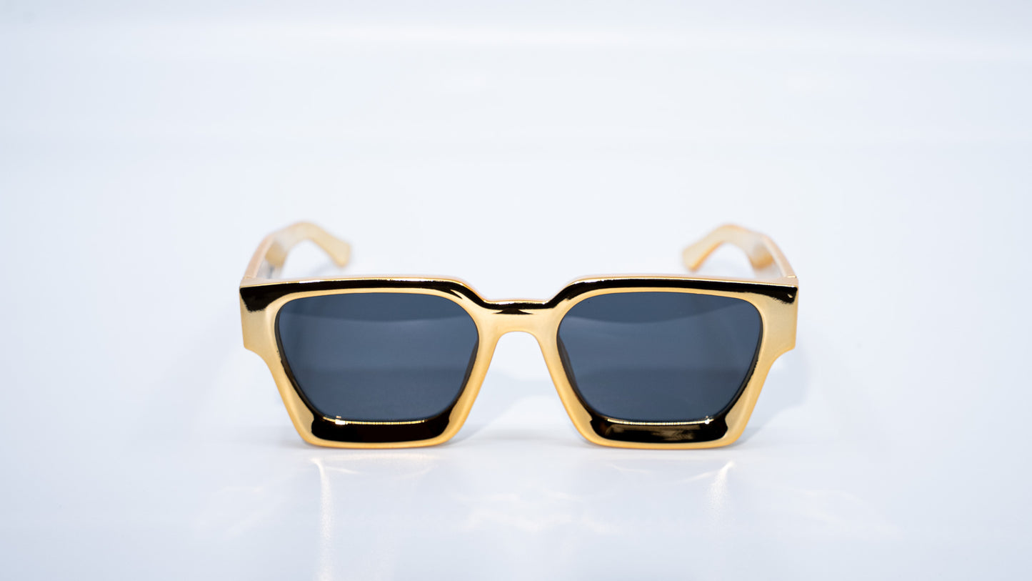 Ison Couture 24K Gold sunglasses front view showing gold frame and dark lenses