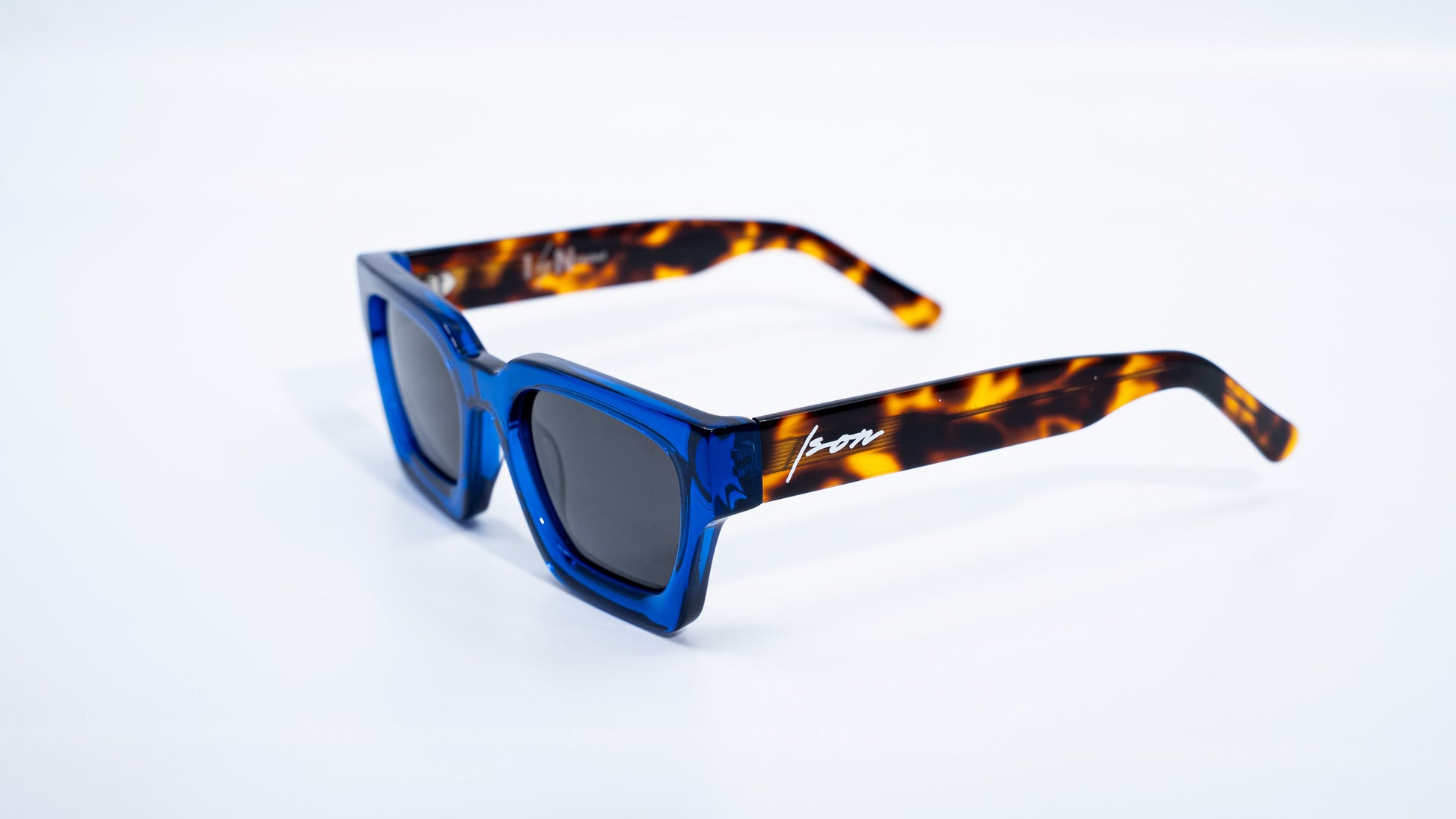 Ison Couture Blue Tortoise plant-based polarized square sunglasses side angle view