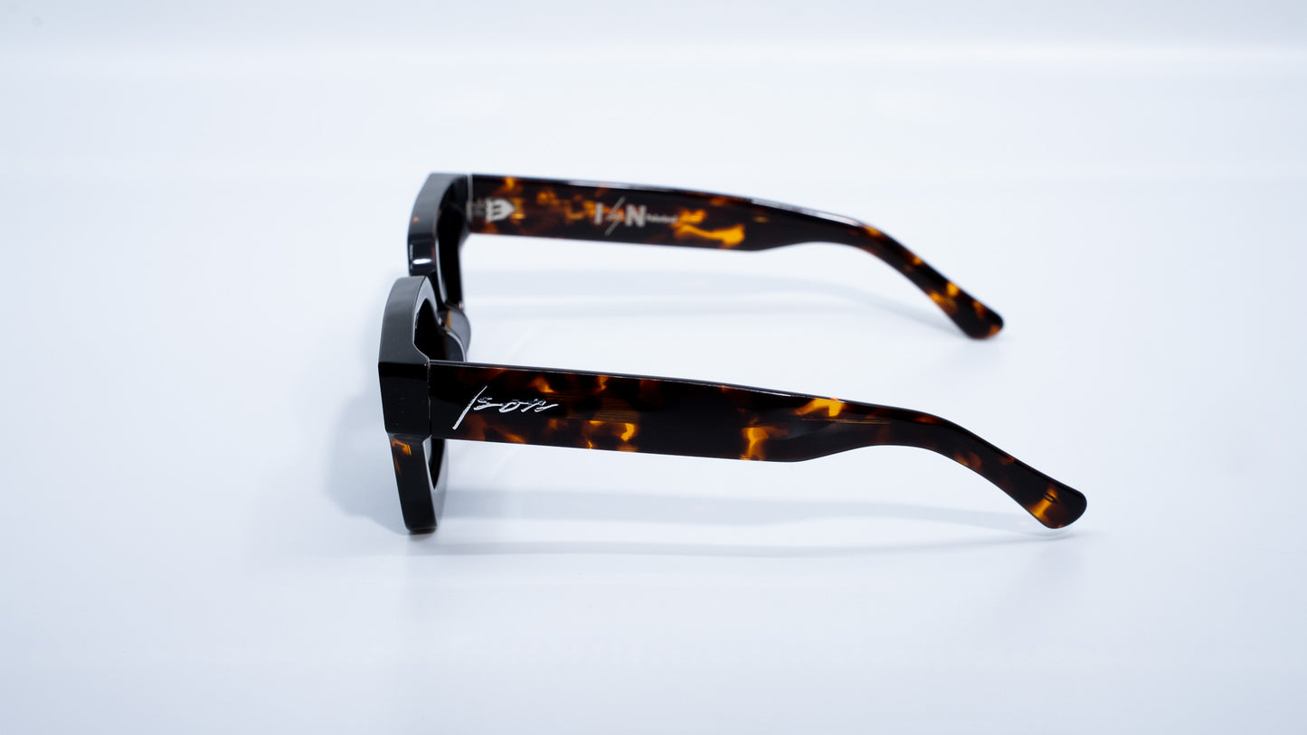 Ison Couture Dark Tortoise polarized sunglasses front view showing dark tortoise pattern on the side slightly translucent