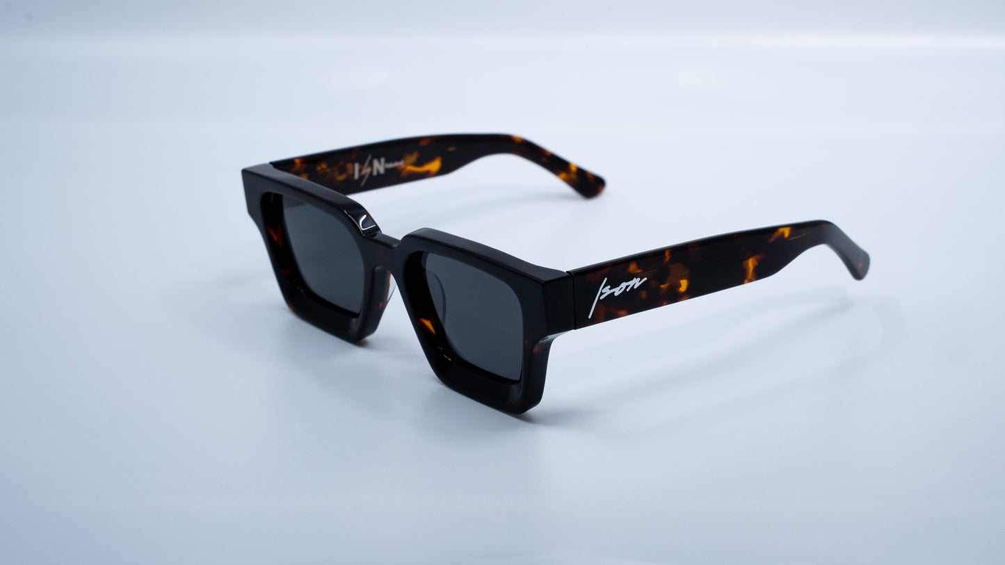 Ison Couture Dark Tortoise polarized sunglasses angle view showing dark tortoise pattern