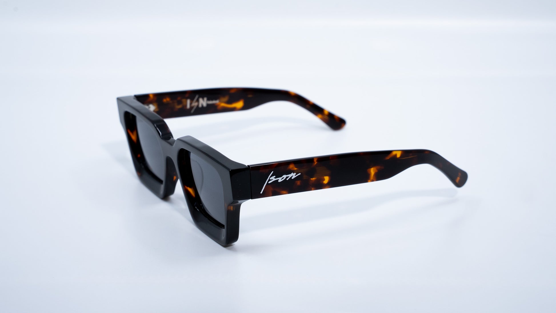 Ison Couture Dark Tortoise plant-based polarized square sunglasses side angle view