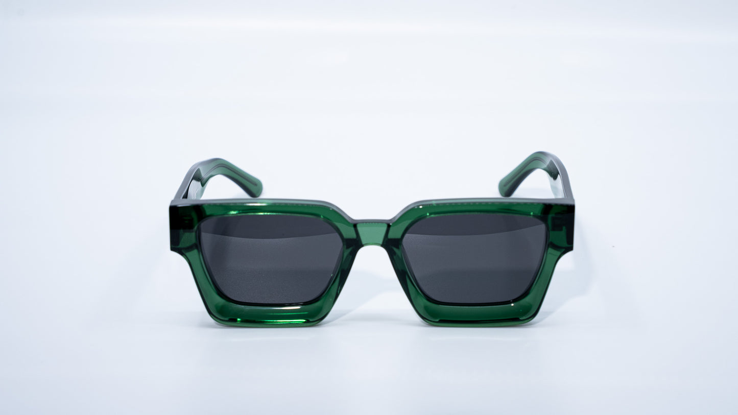 Ison Couture Eco Green polarized sunglasses front view with deep green bio-acetate frame