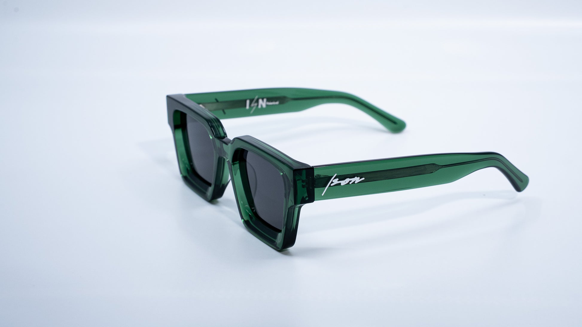 Ison Couture Eco Green plant-based polarized square sunglasses side angle view