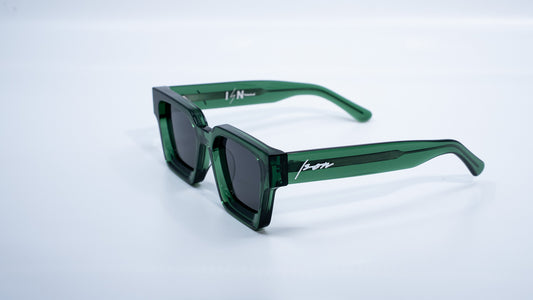 Ison Couture Eco Green plant-based polarized square sunglasses side angle view