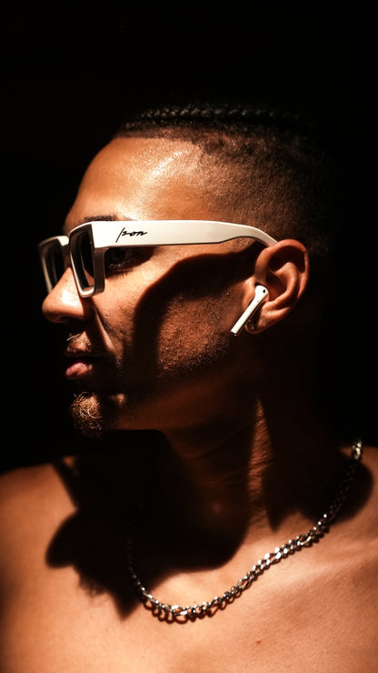 Lightskin man wearing Ison Couture Polar White bold square polarized sunglasses 