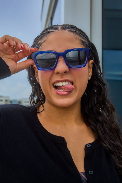 women posing silly wearing Ison Couture Blue Tortoise bold square polarized sunglasses outdoors