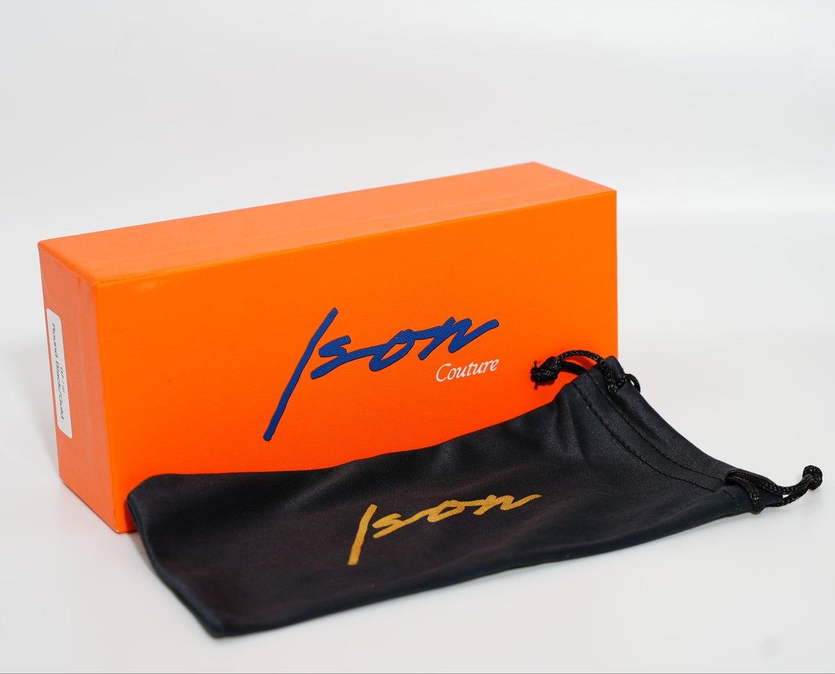 Ison Couture signature orange presentation box with branded microfiber travel pouch
