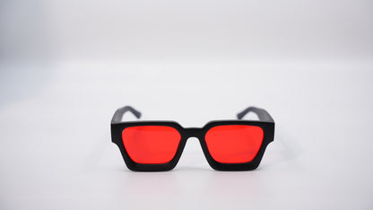 Ison Couture Matte InfraRed blue light blocking bio hack square glasses front angle view showing red lens