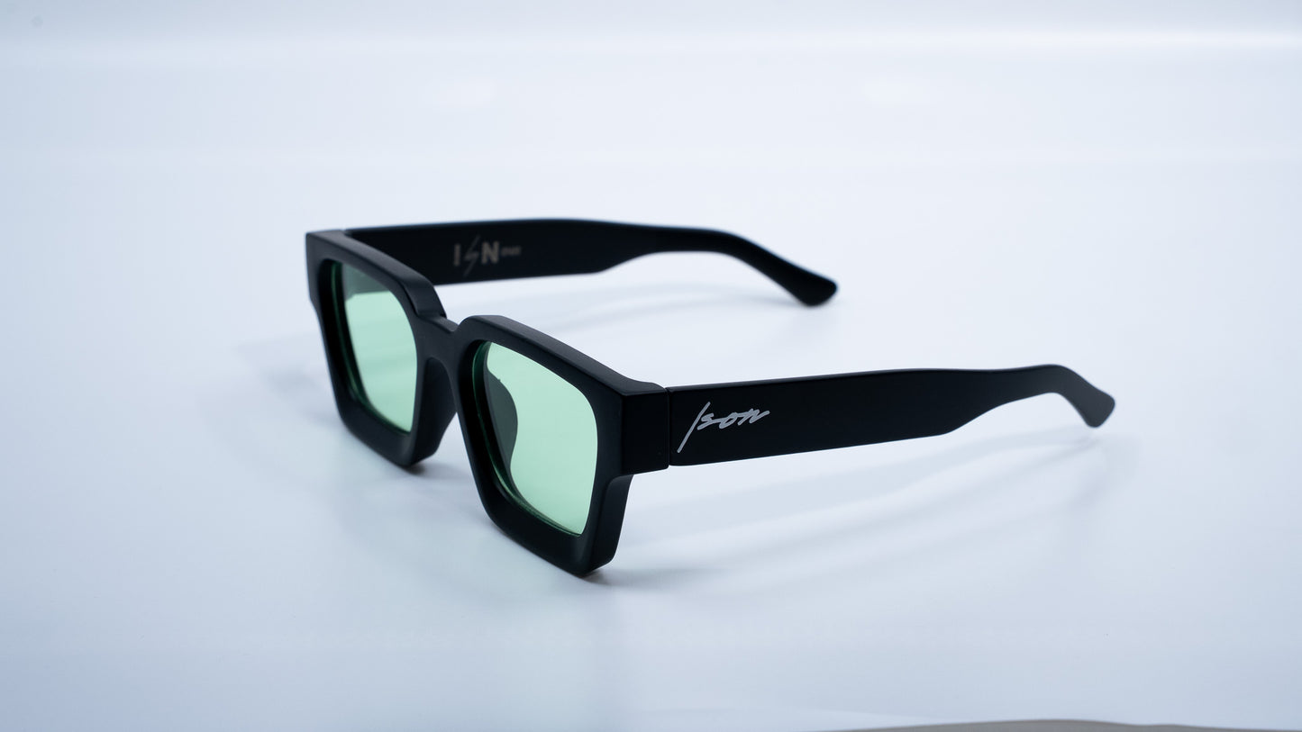 Ison Couture Matte Mint square sunglasses with green lenses side angle view