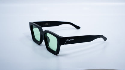 Ison Couture Matte Mint square sunglasses with green lenses side angle view