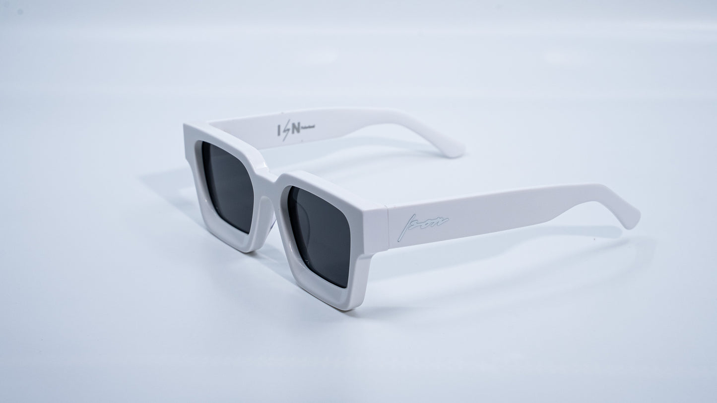 Ison Couture Polar White plant-based polarized square sunglasses side angle view