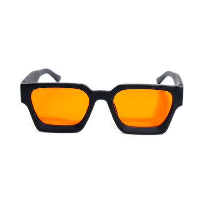 AfterBurner orange lens blue light glasses front view, bold matte black square frame for nighttime screen use