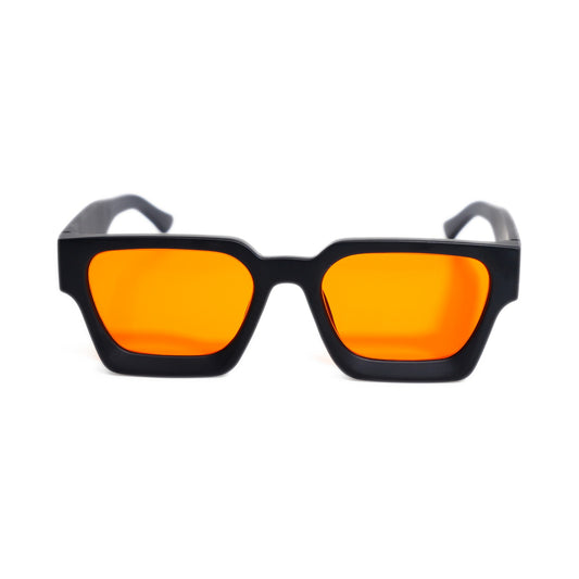AfterBurner orange lens blue light glasses front view, bold matte black square frame for nighttime screen use