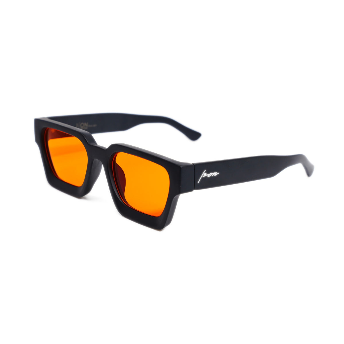 Ison Couture AfterBurner blue light blocking glasses, matte black square frame with orange lens, three-quarter view