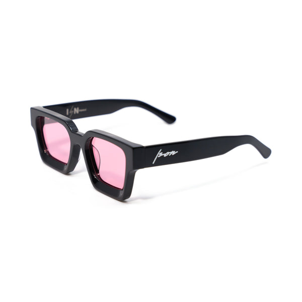 Ison Couture All Day Rosé polarized sunglasses, gloss black bio-acetate square frame with rose pink lenses, three-quarter view