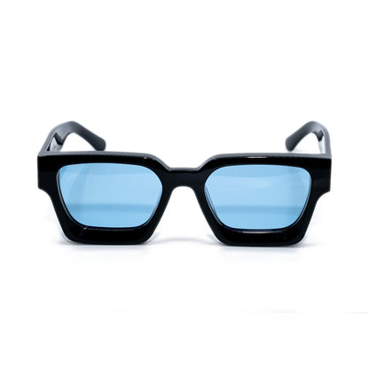 Black & Bleu square sunglasses front view, bold gloss black frame with light blue polarized lenses