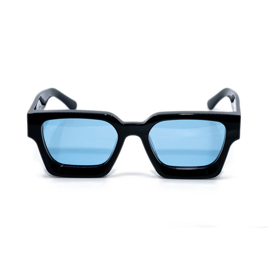 Black & Bleu square sunglasses front view, bold gloss black frame with light blue polarized lenses