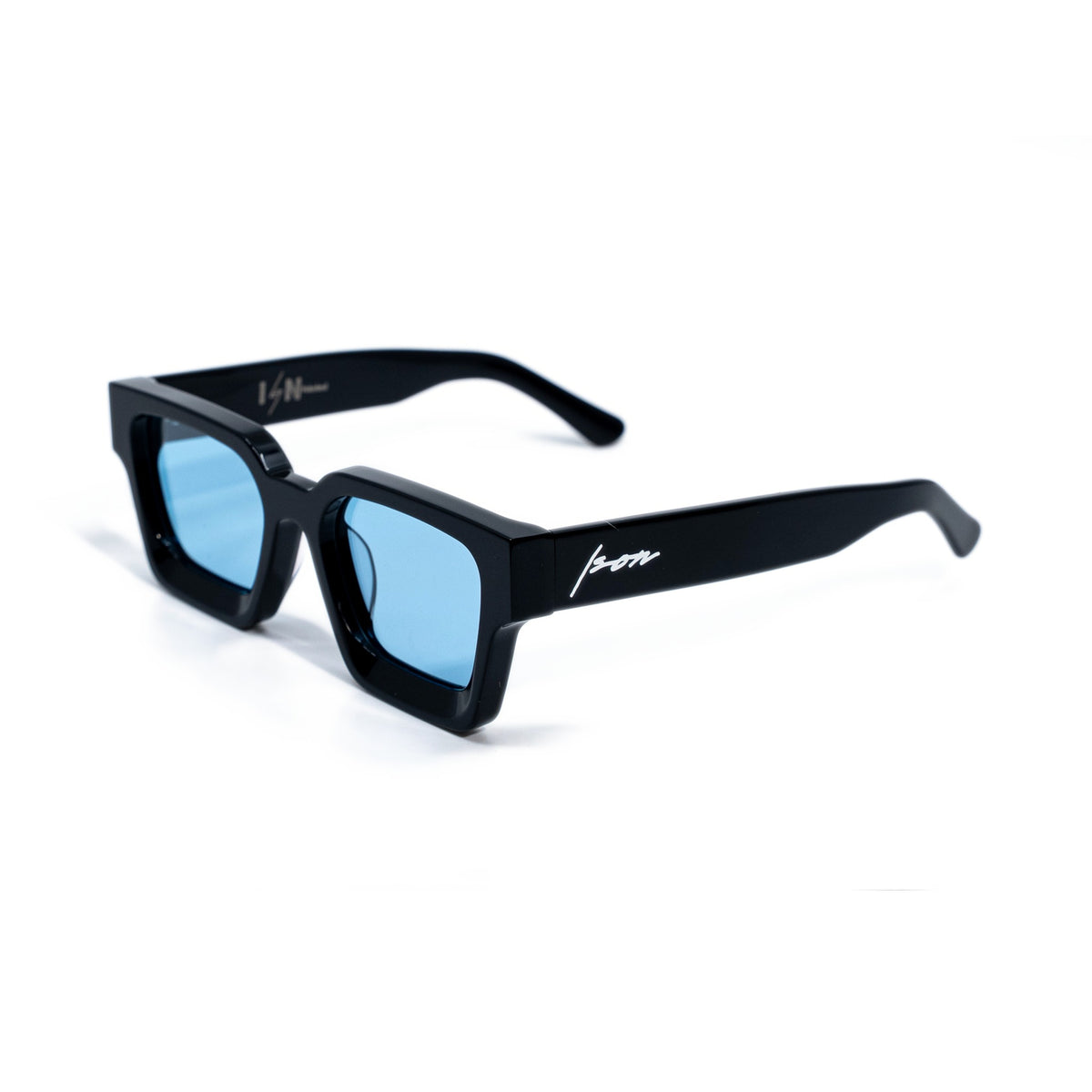 Ison Couture Black & Bleu polarized sunglasses, gloss black bio-acetate square frame with light blue TAC lenses, three-quarter view