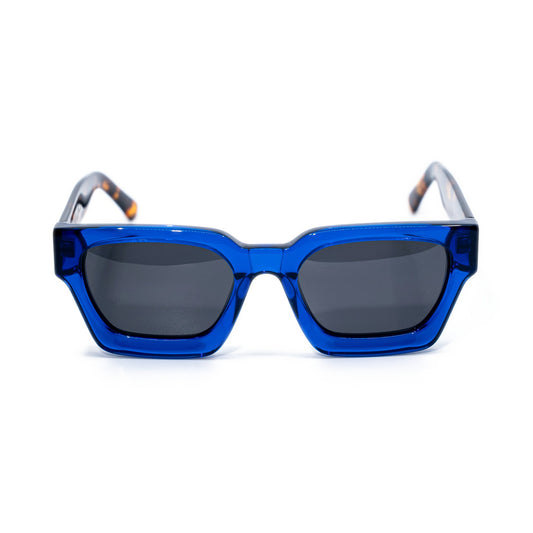 Blue Tortoise square sunglasses front view, translucent cobalt blue frame with smoke gray polarized lenses