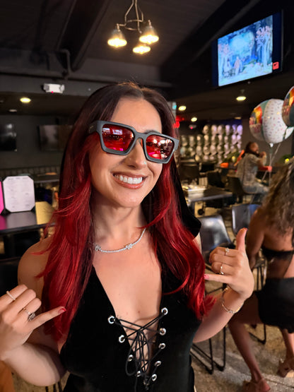 women wearing chunky square blue light blockers by Ison Couture