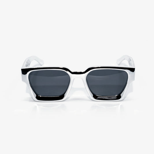 Chrome square sunglasses front view, fully reflective silver chrome frame with dark smoke lenses
