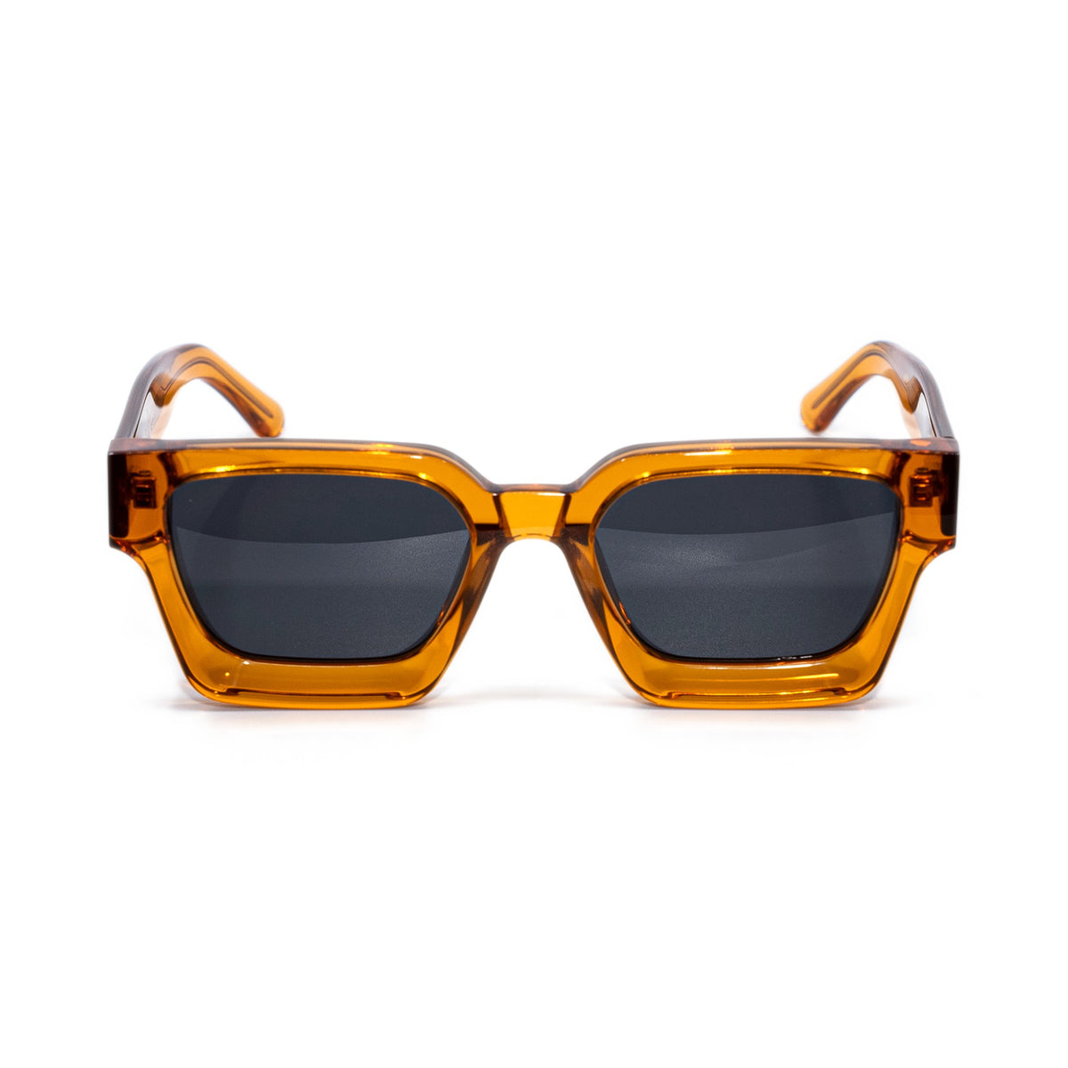 Citrus square sunglasses front view, high-gloss translucent orange acetate frame with dark smoke polarized lenses