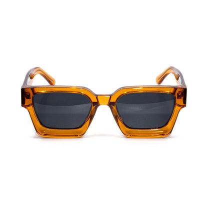 Citrus square sunglasses front view, high-gloss translucent orange acetate frame with dark smoke polarized lenses