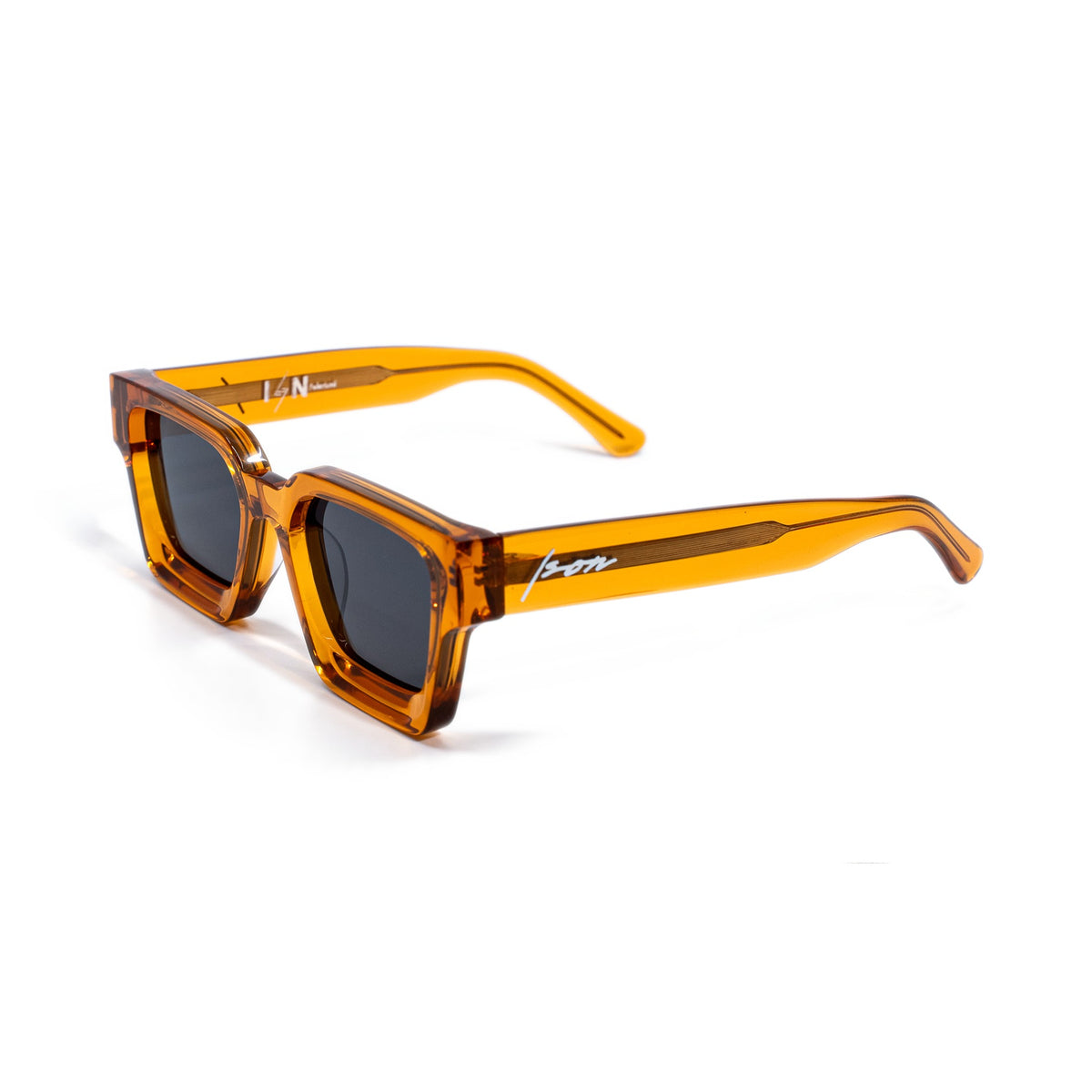 Ison Couture Citrus polarized sunglasses, translucent orange bio-acetate square frame with dark smoke lenses, three-quarter view