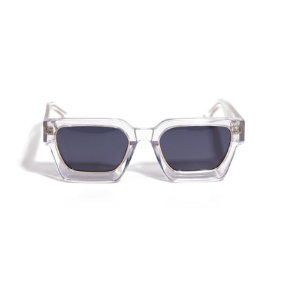 Crystal Clear & Gold square sunglasses front view, clear acetate frame with gold-lined rims and dark smoke polarized lenses