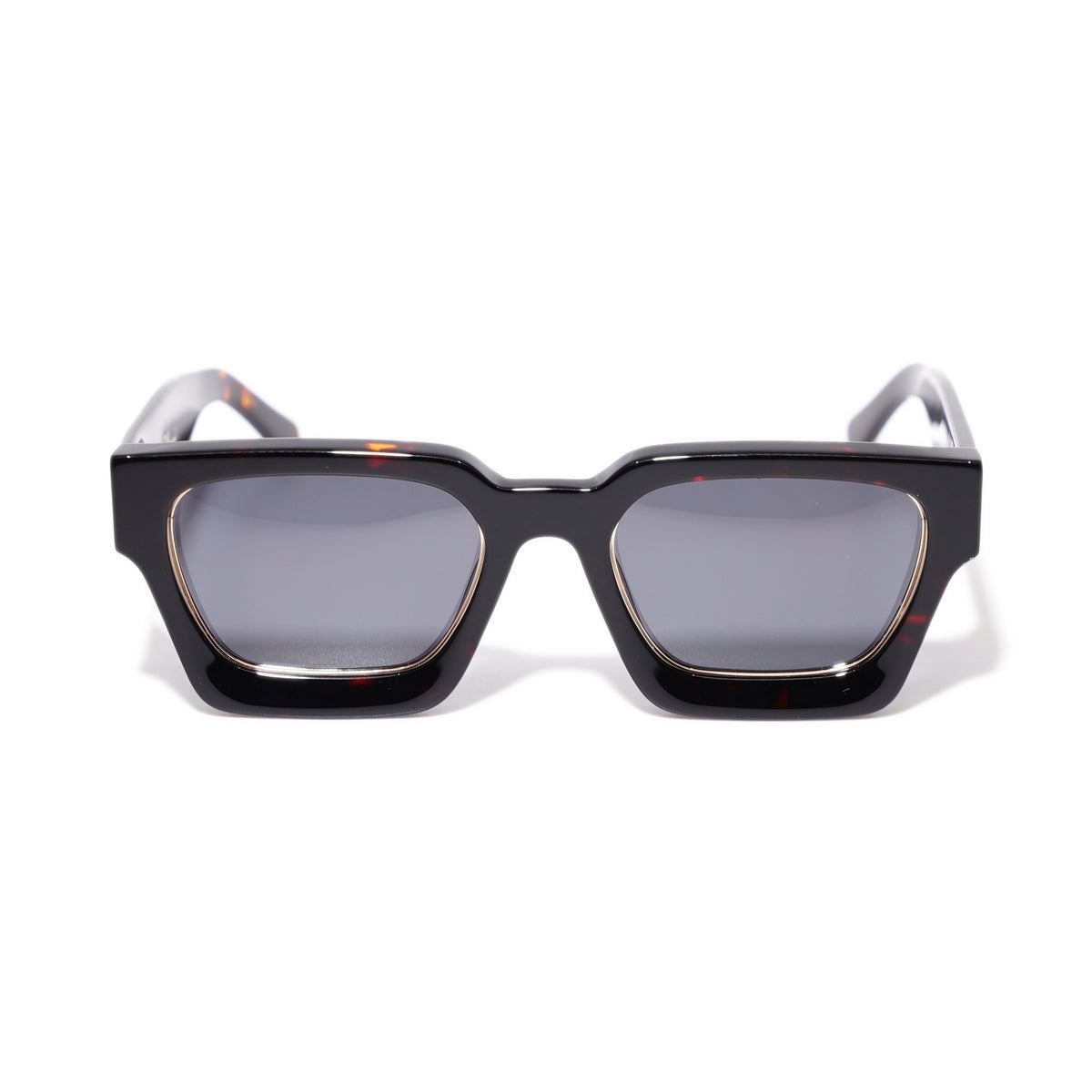 Dark Tortoise square sunglasses front view, high-gloss dark tortoise frame with gold-lined rims and smoke polarized lenses
