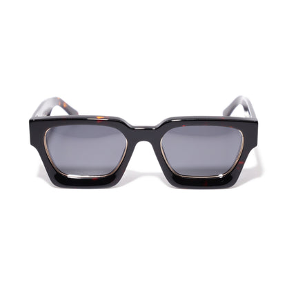 Dark Tortoise square sunglasses front view, high-gloss dark tortoise frame with gold-lined rims and smoke polarized lenses