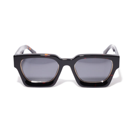 Dark Tortoise square sunglasses front view, high-gloss dark tortoise frame with gold-lined rims and smoke polarized lenses