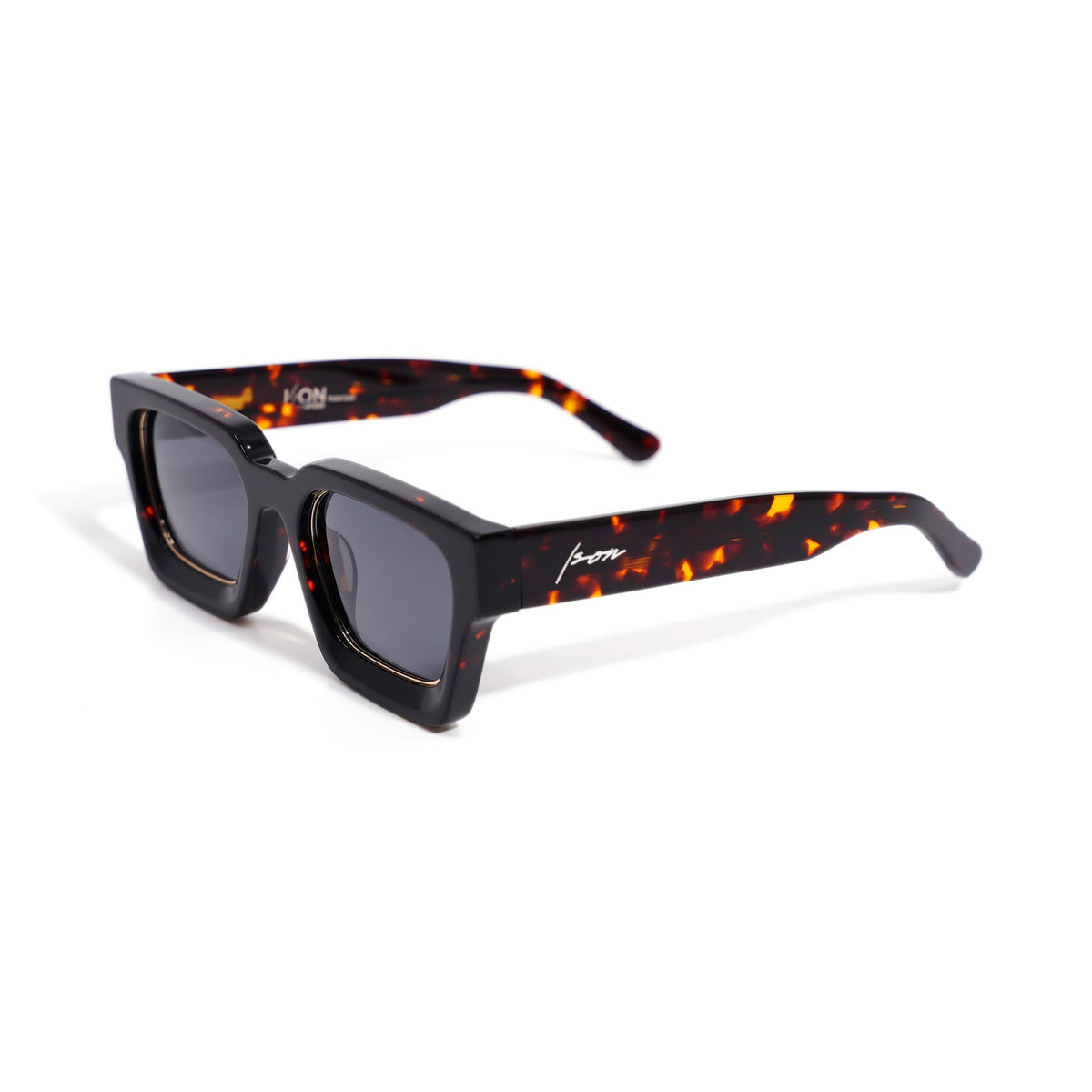 Ison Couture Dark Tortoise polarized sunglasses, deep tortoise bio-acetate square frame with amber flecks on the temples, three-quarter view