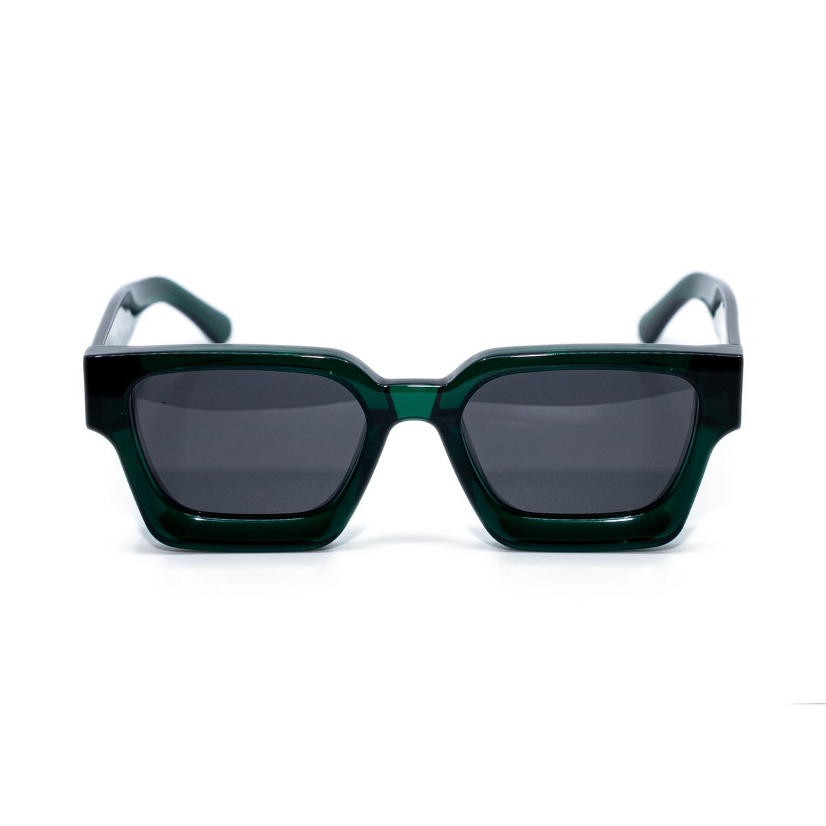Emerald Green square sunglasses front view, high-gloss translucent emerald acetate frame with smoke gray polarized lenses