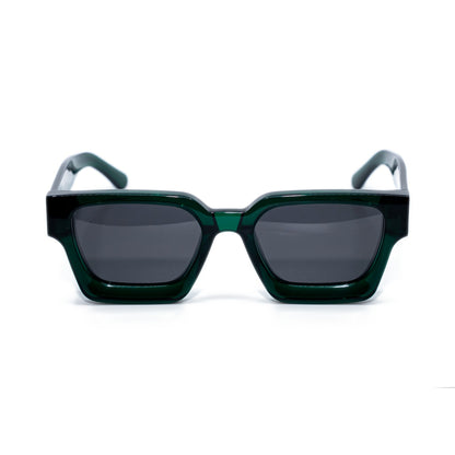 Emerald Green square sunglasses front view, high-gloss translucent emerald acetate frame with smoke gray polarized lenses